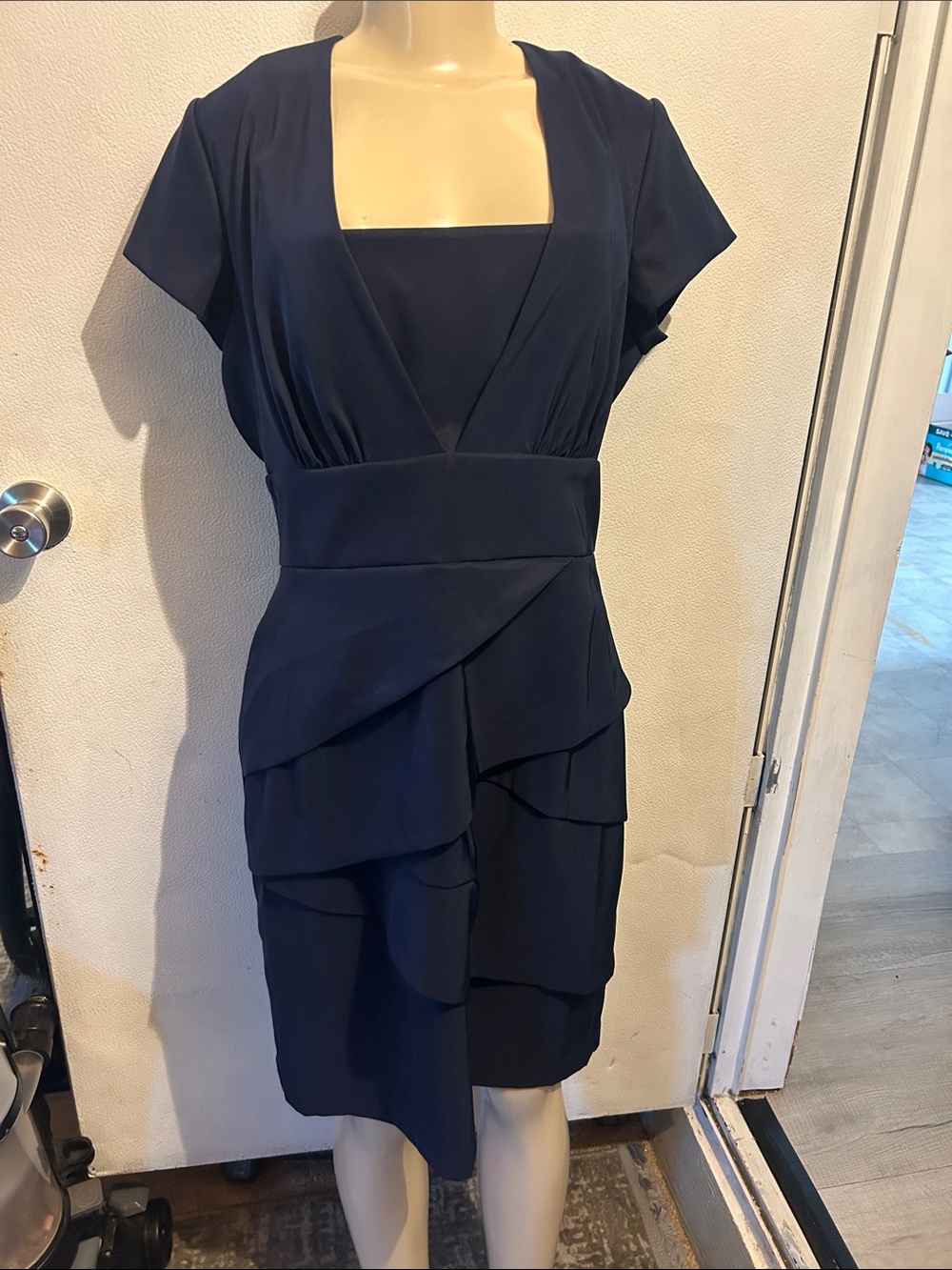 dressbarn Navy Tiered V-Neck Ruffled Midi Dress